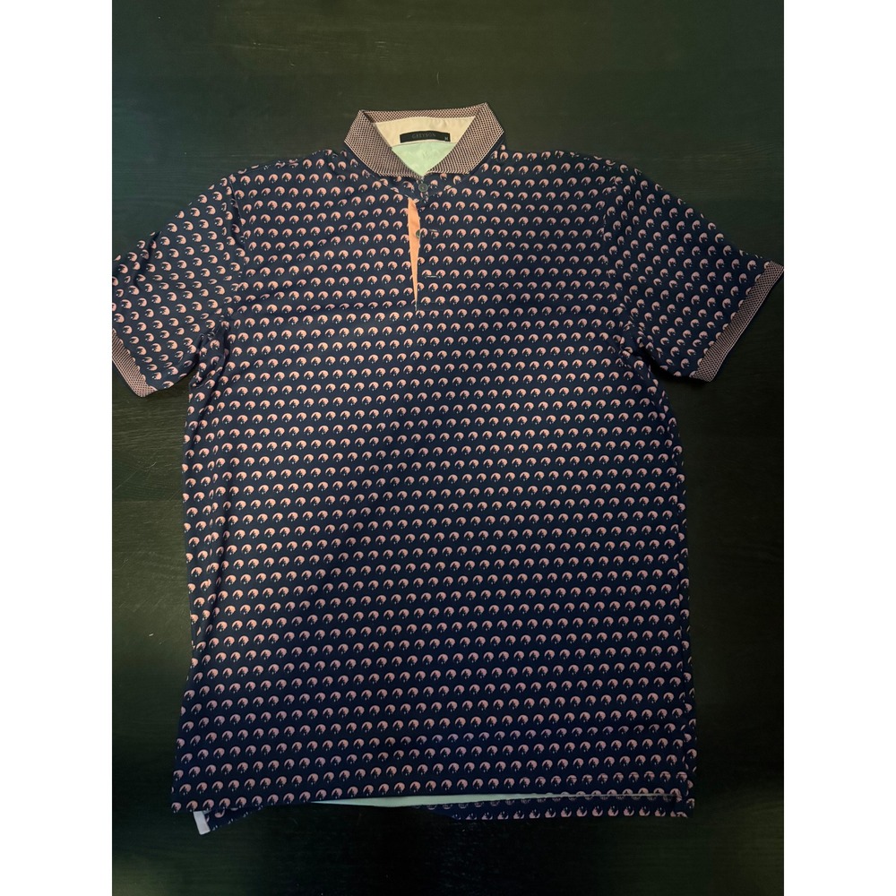 Greyson Mens Medium Navy Pink All Over Print Golf Polo Shirt Short Sleeve M